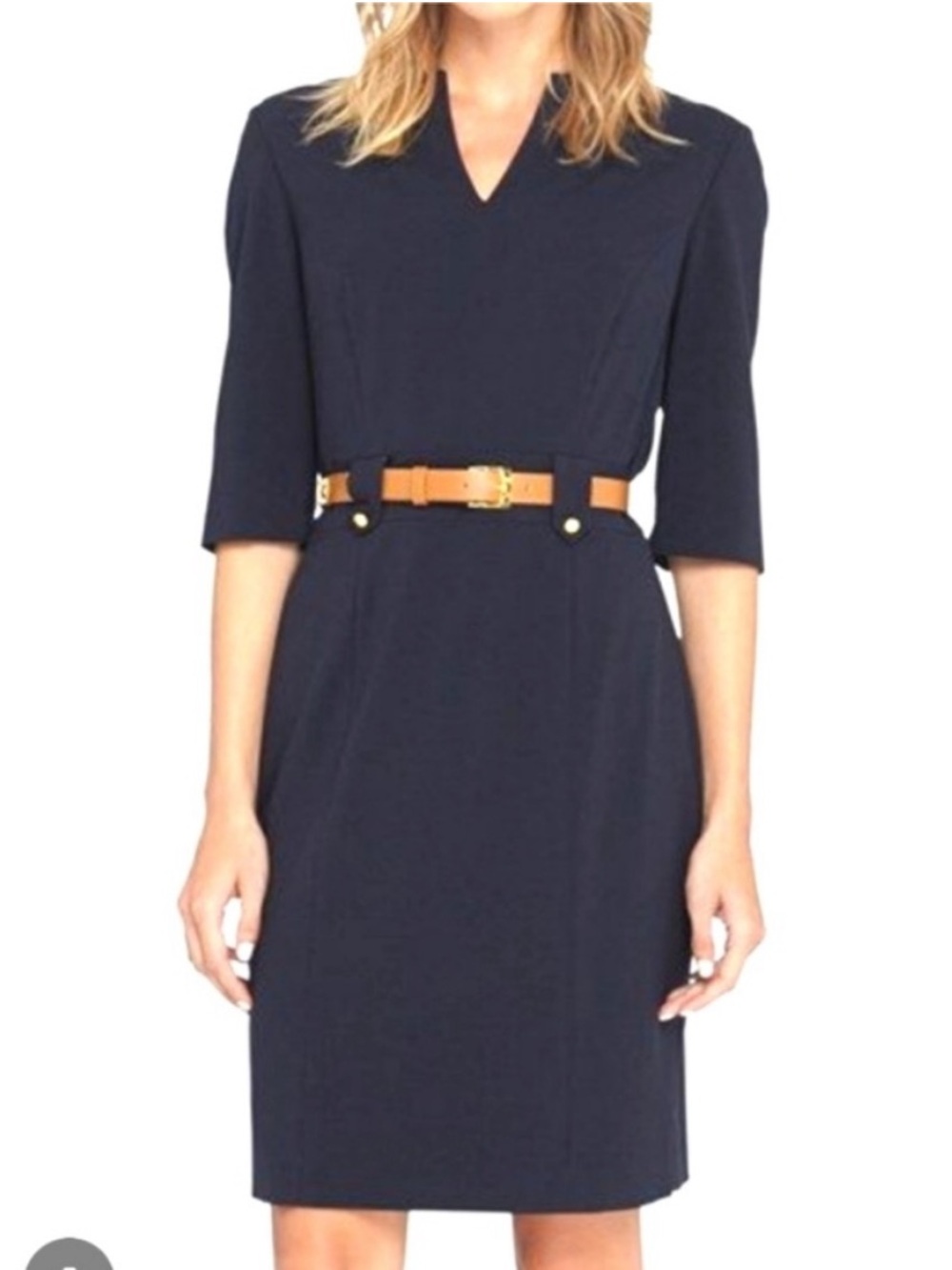 Tahari Navy Blue Sheath Dress with Tan Belt